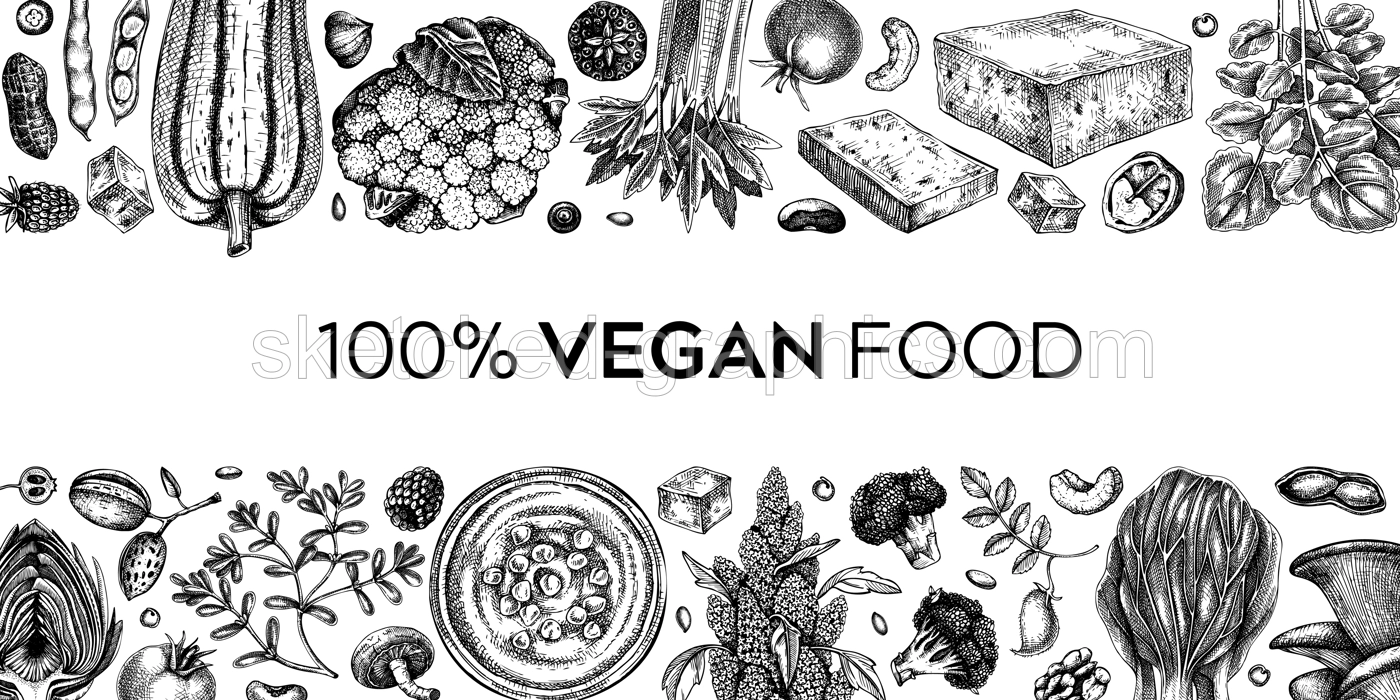 Vegan food sketched background. Healthy food banner template. Middle eastern cuisine frame. Hand drawn vegan meals and ingredients for menu, recipe, packaging design. Vegan food illustration Illustration
